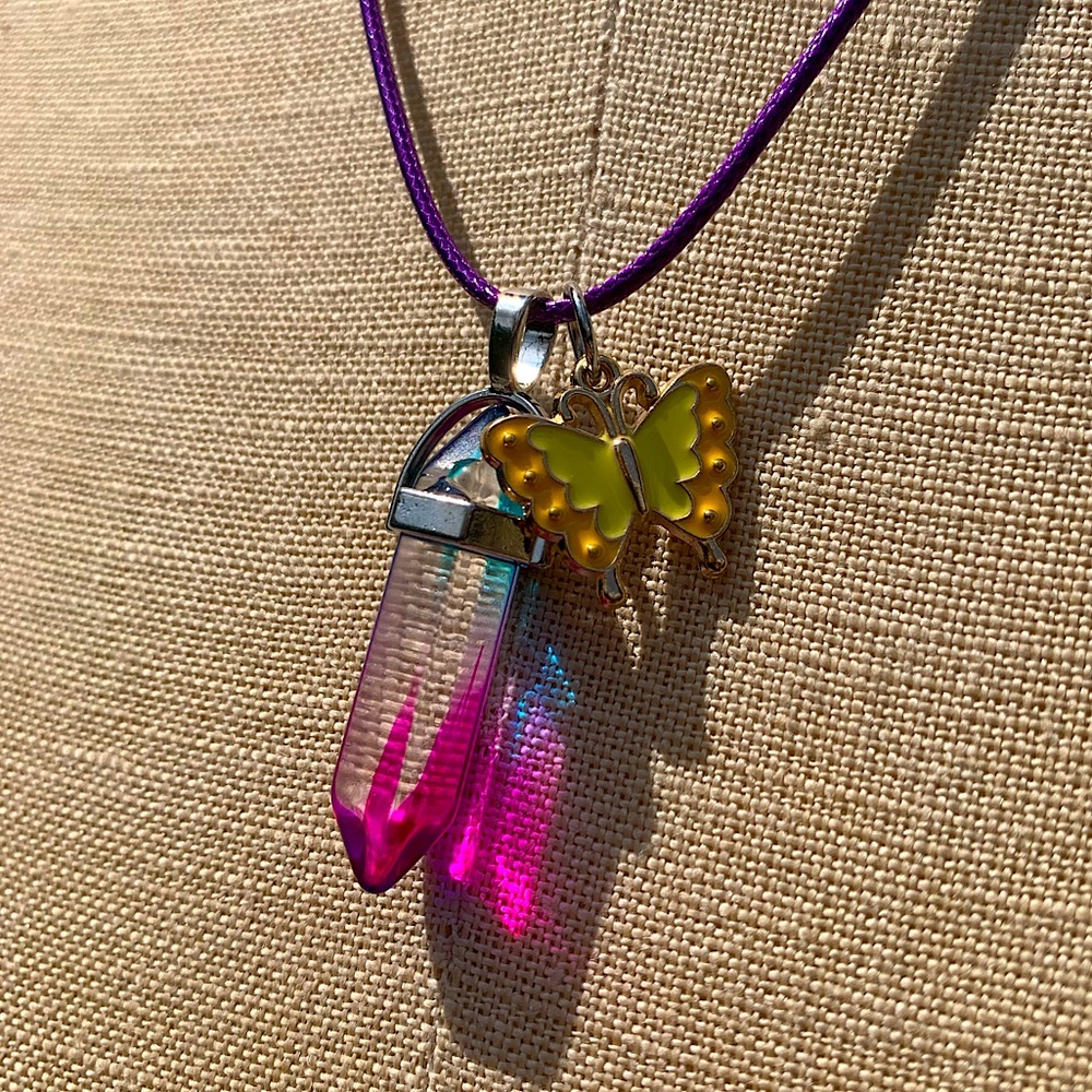 Handmade Cotton Candy Crystal Amulet Necklace & Enamel Butterfly Charm